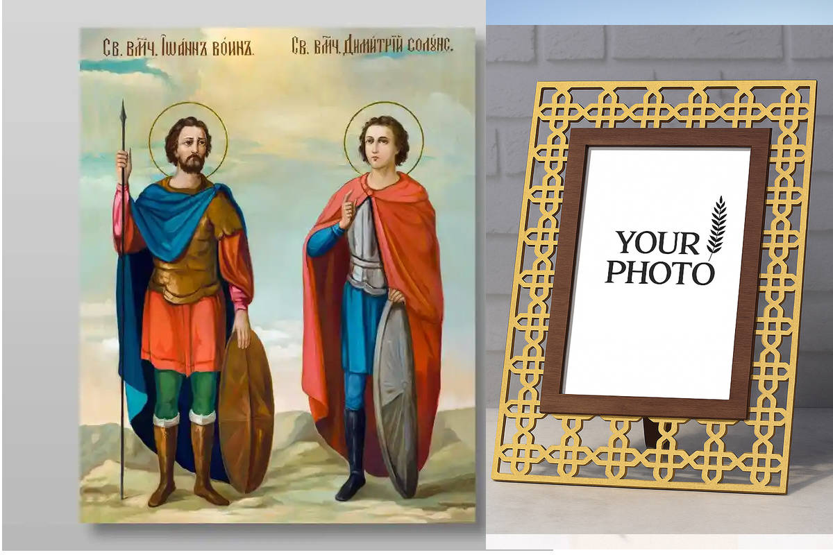 Εικόνα Ορθοδοξίας Πολυτελείας  με  σχεδιο Σταυρούς μαζι με  Βάση σε  8 χρώματα με περίγραμμα χρυσό σε ξύλο Plywood (Πλακάζ)   με  βάση Ιωάννης ο Πολεμιστής και Μάρτυρες Δημήτριος ο Θεσσαλονικιός, Χειροποίητη Ελληνορθόδοξη , Κρεμαστή πλάκα βυζαντινής τέχνη