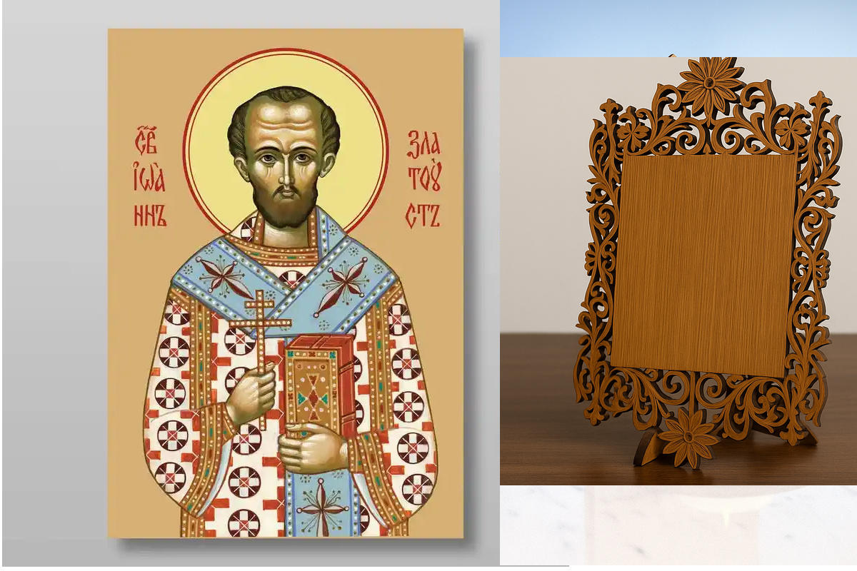 Εικόνα Ορθοδοξίας Δαντέλα μαζι με  Βάση σε  8 χρώματα με περίγραμμα χρυσό σε ξύλο Plywood (Πλακάζ)   με  βάση Ιωάννης του Χρυσοστόμου ιερός αρχιεπίσκοπος, Χειροποίητη Ελληνορθόδοξη , Κρεμαστή πλάκα βυζαντινής τέχνης, χριστιανική τέχνη Διάσταση 10x7 cm (3,