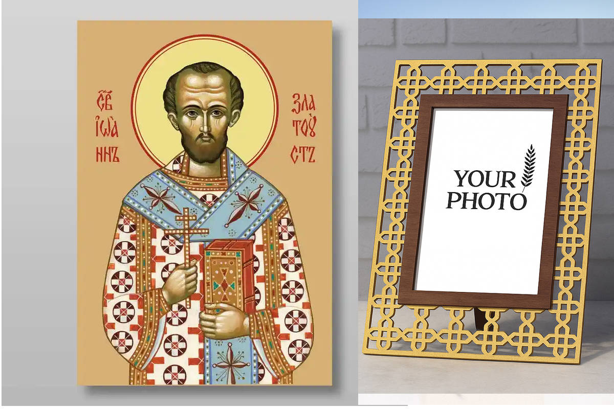 Εικόνα Ορθοδοξίας Πολυτελείας  με  σχεδιο Σταυρούς μαζι με  Βάση σε  8 χρώματα με περίγραμμα χρυσό σε ξύλο Plywood (Πλακάζ)   με  βάση Ιωάννης του Χρυσοστόμου ιερός αρχιεπίσκοπος, Χειροποίητη Ελληνορθόδοξη , Κρεμαστή πλάκα βυζαντινής τέχνης, χριστιανική τ