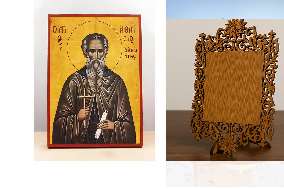 Εικόνα Ορθοδοξίας Δαντέλα μαζι με  Βάση σε  8 χρώματα με περίγραμμα χρυσό σε ξύλο Plywood (Πλακάζ)   με  βάση Άγιος Αθανάσιος ο Αθωνίτης, Ξύλινη Χειροποίητη Εικόνα Ελληνικής Premium Βυζαντινού Στυλ Κρεμασμένη σε ξύλινη πλάκα Χειροποίητη Ελληνορθόδοξη εικό