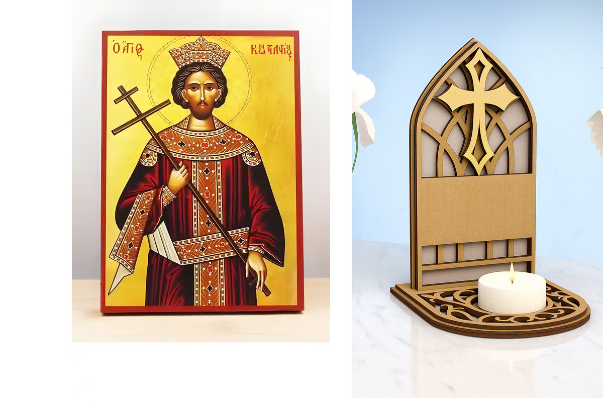 Εικόνα Ορθοδοξίας Καντηλάκι σε  8 χρώματα με περίγραμμα χρυσό σε ξύλο Plywood (Πλακάζ)   με  βάση Άγιος Κωνσταντίνος ο Μέγας, Ξύλινη Χειροποίητη Εικόνα Ελληνικής Premium Βυζαντινού Στυλ Κρεμασμένη σε ξύλινη πλάκα Χειροποίητη Ελληνορθόδοξη εικόνα του Ιησού