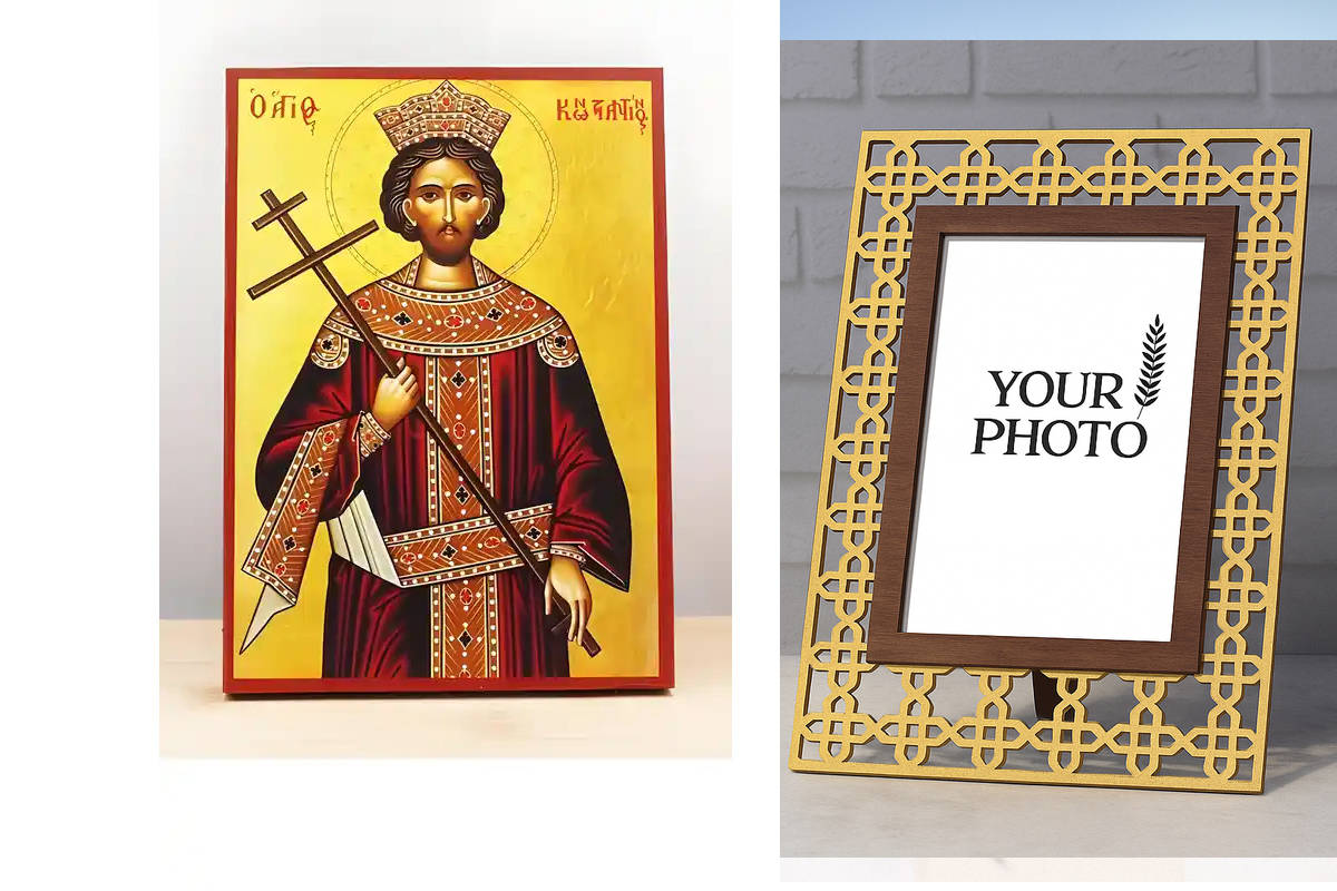 Εικόνα Ορθοδοξίας Πολυτελείας  με  σχεδιο Σταυρούς μαζι με  Βάση σε  8 χρώματα με περίγραμμα χρυσό σε ξύλο Plywood (Πλακάζ)   με  βάση Άγιος Κωνσταντίνος ο Μέγας, Ξύλινη Χειροποίητη Εικόνα Ελληνικής Premium Βυζαντινού Στυλ Κρεμασμένη σε ξύλινη πλάκα Χειρο