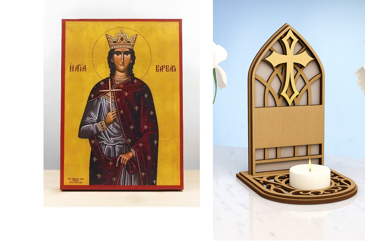 Εικόνα Ορθοδοξίας Καντηλάκι σε  8 χρώματα με περίγραμμα χρυσό σε ξύλο Plywood (Πλακάζ)   με  βάση Αγία Βαρβάρα η Μεγαλομάρτυς, Ξύλινη Χειροποίητη Εικόνα Ελληνικού Premium Βυζαντινού Στυλ Κρεμαστή σε ξύλινη πλάκα Θρησκευτικό θέμα Χειροποίητη Ελληνορθόδοξη