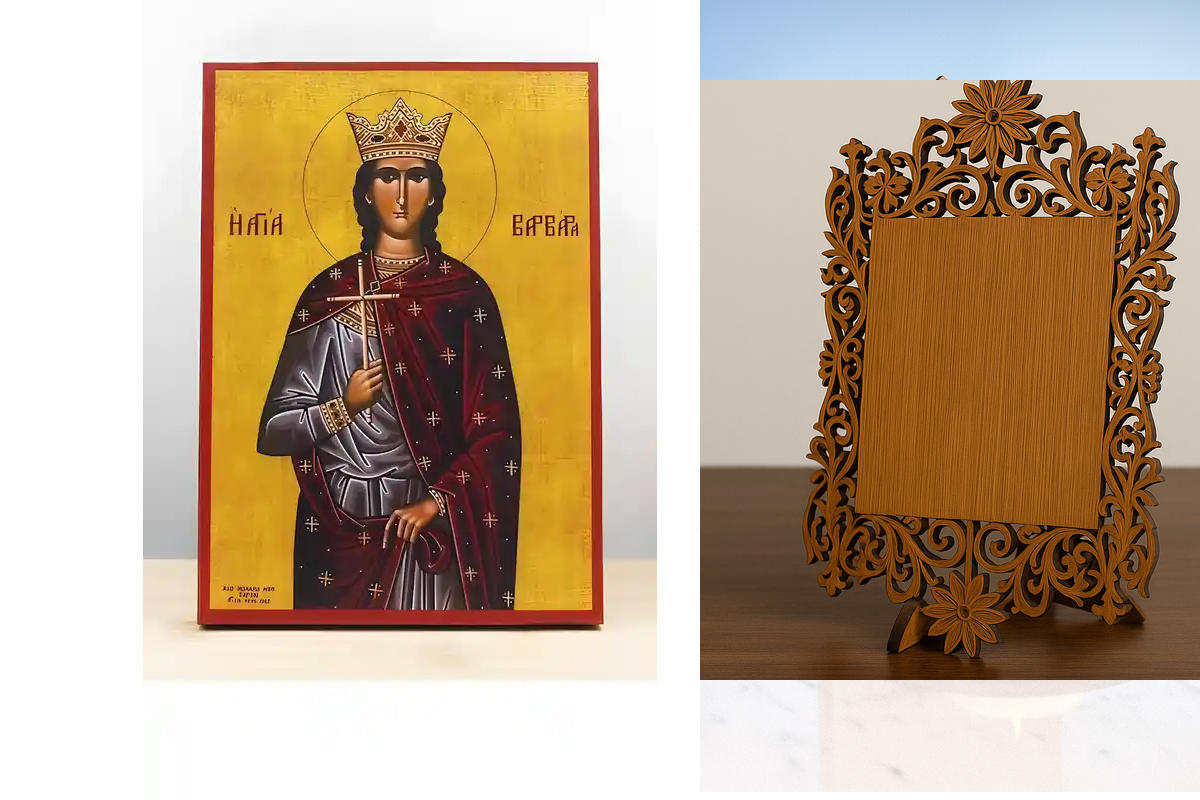 Εικόνα Ορθοδοξίας Δαντέλα μαζι με  Βάση σε  8 χρώματα με περίγραμμα χρυσό σε ξύλο Plywood (Πλακάζ)   με  βάση Αγία Βαρβάρα η Μεγαλομάρτυς, Ξύλινη Χειροποίητη Εικόνα Ελληνικού Premium Βυζαντινού Στυλ Κρεμαστή σε ξύλινη πλάκα Θρησκευτικό θέμα Χειροποίητη Ελ