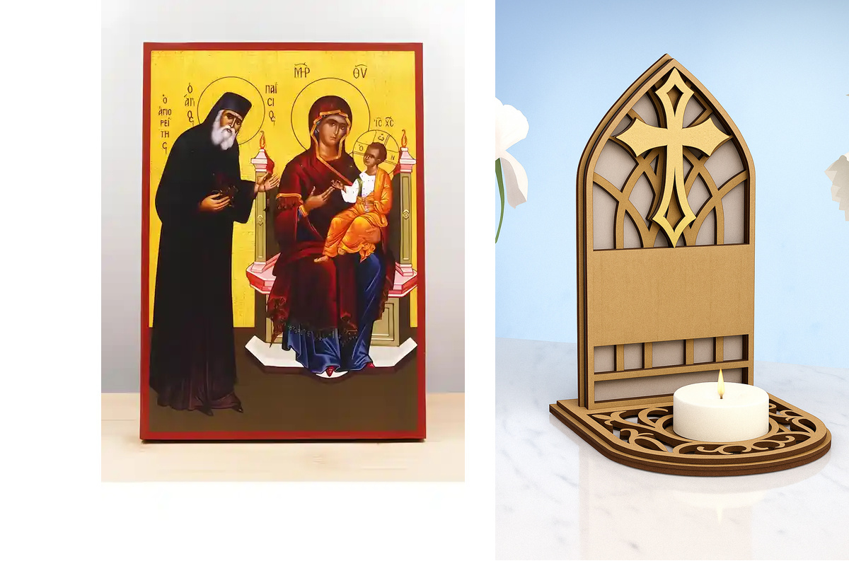 Εικόνα Ορθοδοξίας Καντηλάκι σε  8 χρώματα με περίγραμμα χρυσό σε ξύλο Plywood (Πλακάζ)   με  βάση Άγιος Παΐσιος με την Παναγία και τον Ιησού Χριστό, Ξύλινη Χειροποίητη Εικόνα Ελληνικού Βυζαντινού Στυλ Κρεμασμένη σε ξύλινη πλάκα Χειροποίητη Ελληνορθόδοξη ε