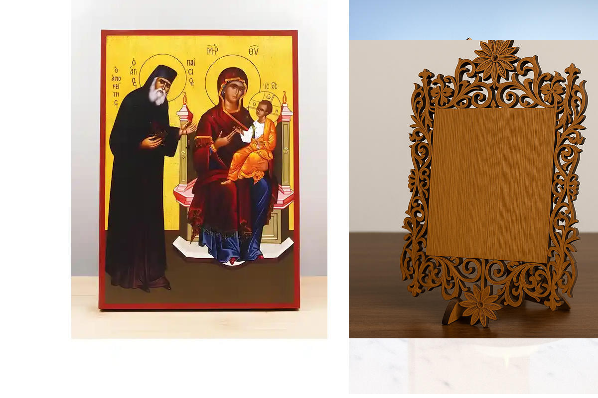 Εικόνα Ορθοδοξίας Δαντέλα μαζι με  Βάση σε  8 χρώματα με περίγραμμα χρυσό σε ξύλο Plywood (Πλακάζ)   με  βάση Άγιος Παΐσιος με την Παναγία και τον Ιησού Χριστό, Ξύλινη Χειροποίητη Εικόνα Ελληνικού Βυζαντινού Στυλ Κρεμασμένη σε ξύλινη πλάκα Χειροποίητη Ελλ