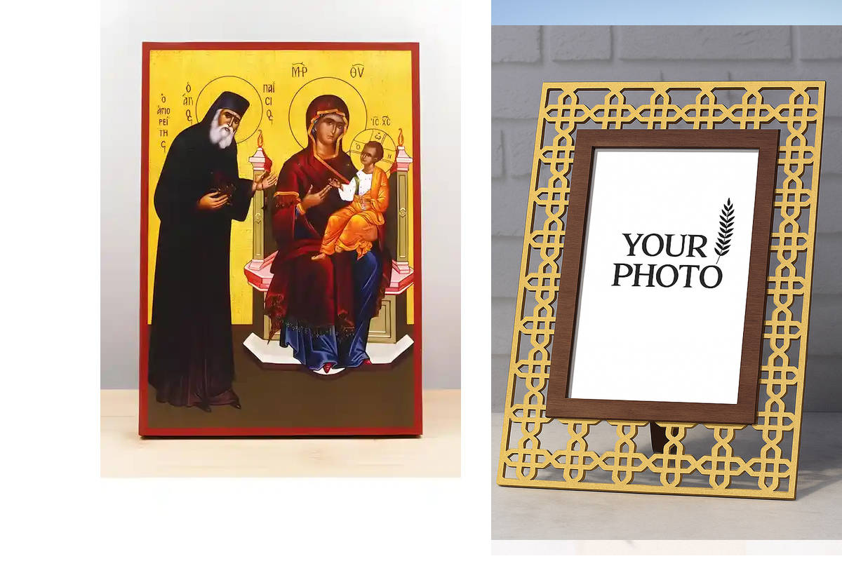 Εικόνα Ορθοδοξίας Πολυτελείας  με  σχεδιο Σταυρούς μαζι με  Βάση σε  8 χρώματα με περίγραμμα χρυσό σε ξύλο Plywood (Πλακάζ)   με  βάση Άγιος Παΐσιος με την Παναγία και τον Ιησού Χριστό, Ξύλινη Χειροποίητη Εικόνα Ελληνικού Βυζαντινού Στυλ Κρεμασμένη σε ξύλ