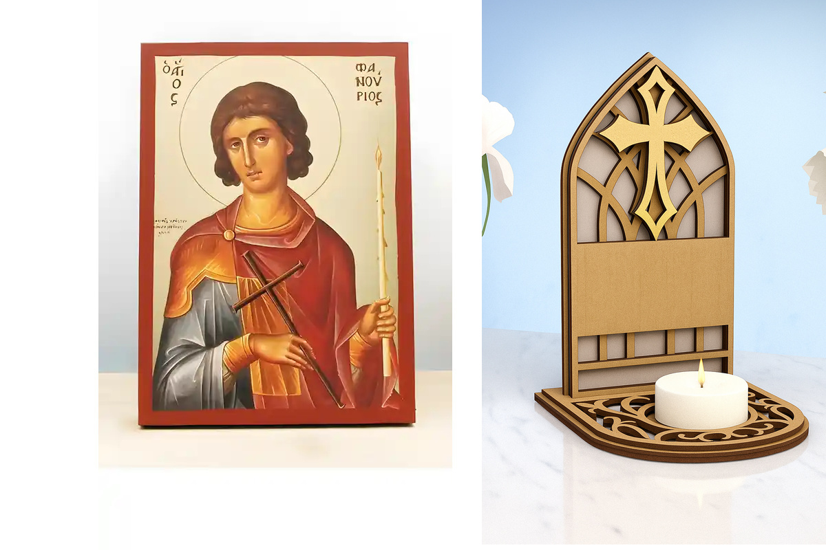 Εικόνα Ορθοδοξίας Καντηλάκι σε  8 χρώματα με περίγραμμα χρυσό σε ξύλο Plywood (Πλακάζ)   με  βάση Άγιος Φανούριος ο Νεοφανής, Ξύλινη Χειροποίητη Εικόνα με χρυσό φύλλο θρησκευτικό θέμα Ελληνικό Premium Βυζαντινού Στυλ σε τοίχο Χειροποίητη Ελληνορθόδοξη εικ