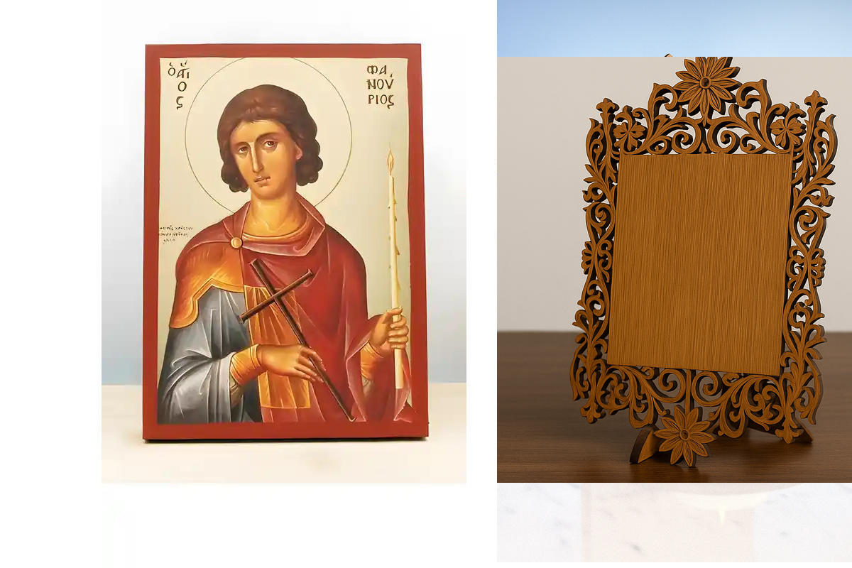 Εικόνα Ορθοδοξίας Δαντέλα μαζι με  Βάση σε  8 χρώματα με περίγραμμα χρυσό σε ξύλο Plywood (Πλακάζ)   με  βάση Άγιος Φανούριος ο Νεοφανής, Ξύλινη Χειροποίητη Εικόνα με χρυσό φύλλο θρησκευτικό θέμα Ελληνικό Premium Βυζαντινού Στυλ σε τοίχο Χειροποίητη Ελλην