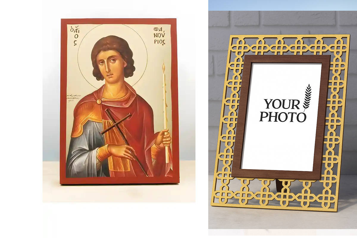 Εικόνα Ορθοδοξίας Πολυτελείας  με  σχεδιο Σταυρούς μαζι με  Βάση σε  8 χρώματα με περίγραμμα χρυσό σε ξύλο Plywood (Πλακάζ)   με  βάση Άγιος Φανούριος ο Νεοφανής, Ξύλινη Χειροποίητη Εικόνα με χρυσό φύλλο θρησκευτικό θέμα Ελληνικό Premium Βυζαντινού Στυλ σ