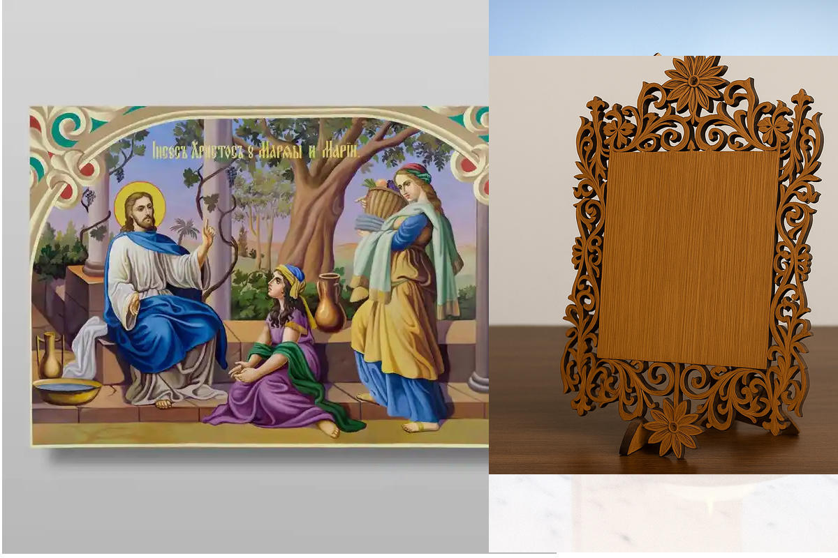 Εικόνα Ορθοδοξίας Δαντέλα μαζι με  Βάση σε  8 χρώματα με περίγραμμα χρυσό σε ξύλο Plywood (Πλακάζ)   με  βάση Ο Χριστός με τη Μάρθα και τη Μαρία Χειροποίητη Ελληνορθόδοξη , Κρεμαστή πλάκα βυζαντινής τέχνης, χριστιανική τέχνη Διάσταση 50x40 cm (19,7 x 15,8