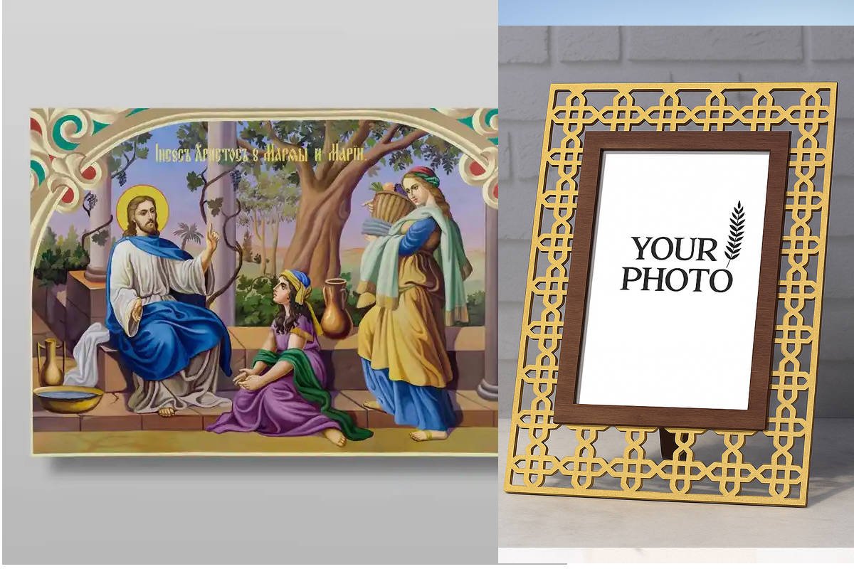 Εικόνα Ορθοδοξίας Πολυτελείας  με  σχεδιο Σταυρούς μαζι με  Βάση σε  8 χρώματα με περίγραμμα χρυσό σε ξύλο Plywood (Πλακάζ)   με  βάση Ο Χριστός με τη Μάρθα και τη Μαρία Χειροποίητη Ελληνορθόδοξη , Κρεμαστή πλάκα βυζαντινής τέχνης, χριστιανική τέχνη Διάστ