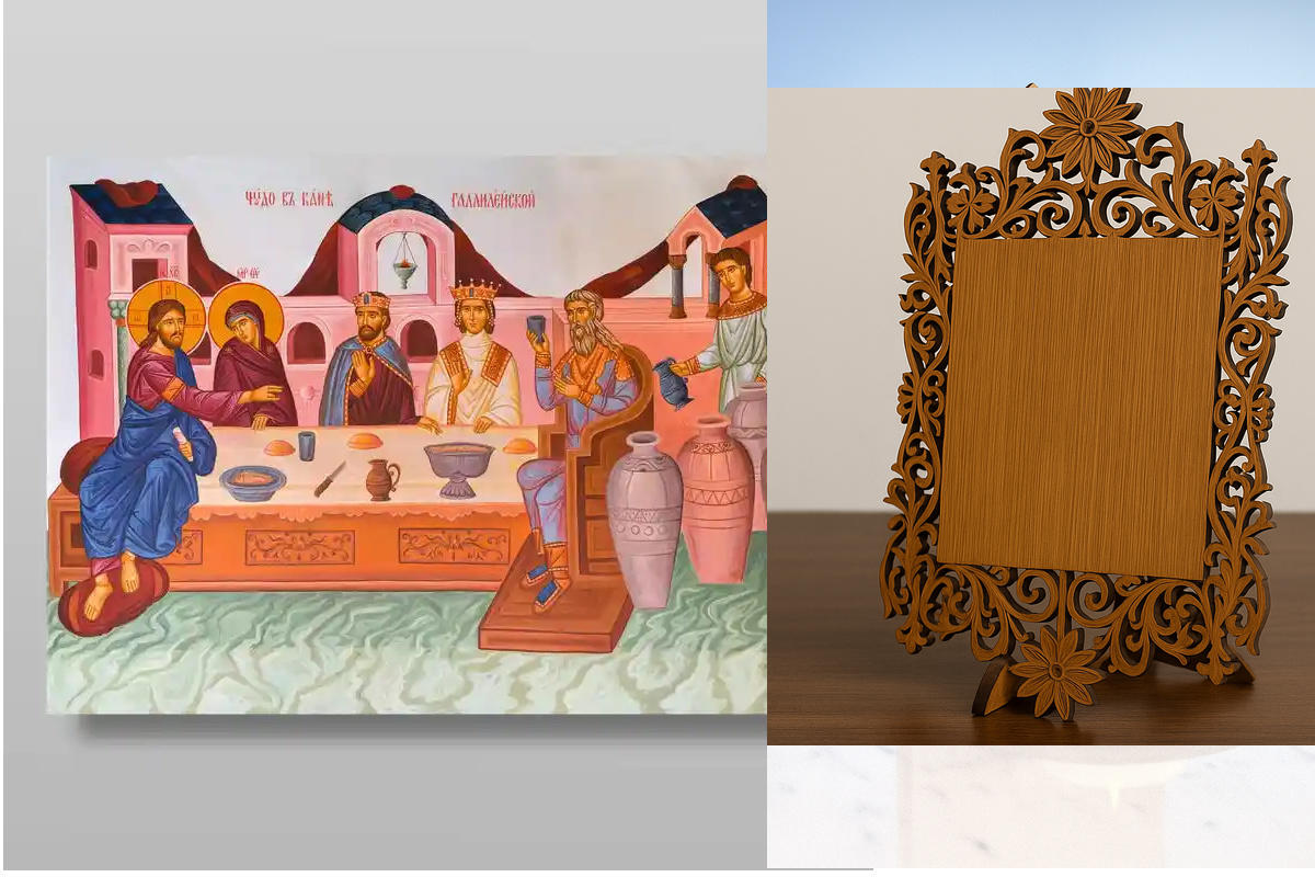 Εικόνα Ορθοδοξίας Δαντέλα μαζι με  Βάση σε  8 χρώματα με περίγραμμα χρυσό σε ξύλο Plywood (Πλακάζ)   με  βάση Θαύμα στην Κανά της Γαλιλαίας Χειροποίητη Ελληνορθόδοξη , Κρεμαστή πλάκα βυζαντινής τέχνης, χριστιανική τέχνη Διάσταση 50x40 cm (19,7 x 15,8 ίντσ