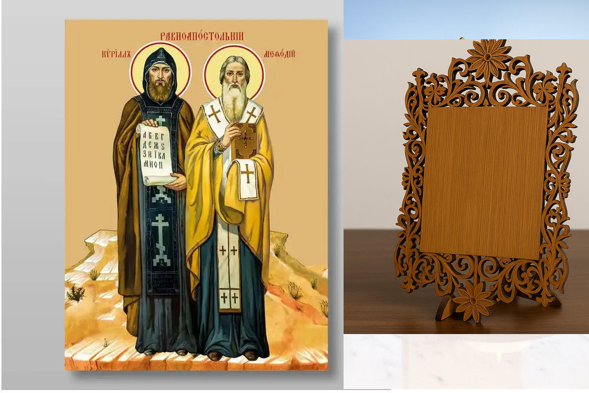 Εικόνα Ορθοδοξίας Δαντέλα μαζι με  Βάση σε  8 χρώματα με περίγραμμα χρυσό σε ξύλο Plywood (Πλακάζ)   με  βάση Κύριλλος και Μεθόδιος, άγιοι, ισάξιοι των αποστόλων, Χειροποίητη Ελληνορθόδοξη , Κρεμαστή πλάκα βυζαντινής τέχνης, χριστιανική τέχνη Διάσταση 40x