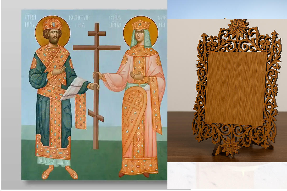 Εικόνα Ορθοδοξίας Δαντέλα μαζι με  Βάση σε  8 χρώματα με περίγραμμα χρυσό σε ξύλο Plywood (Πλακάζ)   με  βάση Οι άγιοι Κωνσταντίνου και Έλενας, ισάξιοι των Αποστόλων, Χειροποίητη Ελληνορθόδοξη , Κρεμαστή πλάκα βυζαντινής τέχνης, χριστιανική τέχνη Διάσταση