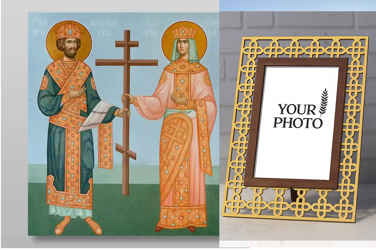 Εικόνα Ορθοδοξίας Πολυτελείας  με  σχεδιο Σταυρούς μαζι με  Βάση σε  8 χρώματα με περίγραμμα χρυσό σε ξύλο Plywood (Πλακάζ)   με  βάση Οι άγιοι Κωνσταντίνου και Έλενας, ισάξιοι των Αποστόλων, Χειροποίητη Ελληνορθόδοξη , Κρεμαστή πλάκα βυζαντινής τέχνης, χ