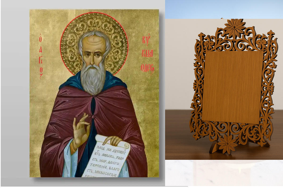 Εικόνα Ορθοδοξίας Δαντέλα μαζι με  Βάση σε  8 χρώματα με περίγραμμα χρυσό σε ξύλο Plywood (Πλακάζ)   με  βάση Kuksha Odessky Reverend, Χειροποίητη Ελληνορθόδοξη , Κρεμαστή πλάκα βυζαντινής τέχνης, χριστιανική τέχνη Διάσταση 10x7 cm (3,9 x 2,8 ίντσες) INTR