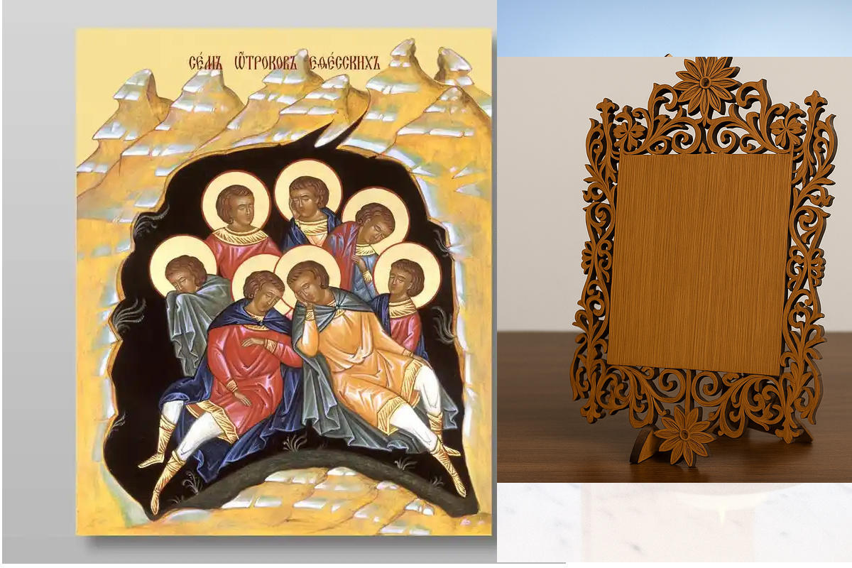 Σετ 2 τεμαχίων – Εικόνα Ορθοδοξίας Δαντέλα μαζι με  Βάση σε  8 χρώματα με περίγραμμα χρυσό σε ξύλο Plywood (Πλακάζ)   με  βάση Νέοι της Εφέσου άγιοι, Χειροποίητη Ελληνορθόδοξη , Κρεμαστή πλάκα βυζαντινής τέχνης, χριστιανική τέχνη Διάσταση 21x15 cm (8,3 x