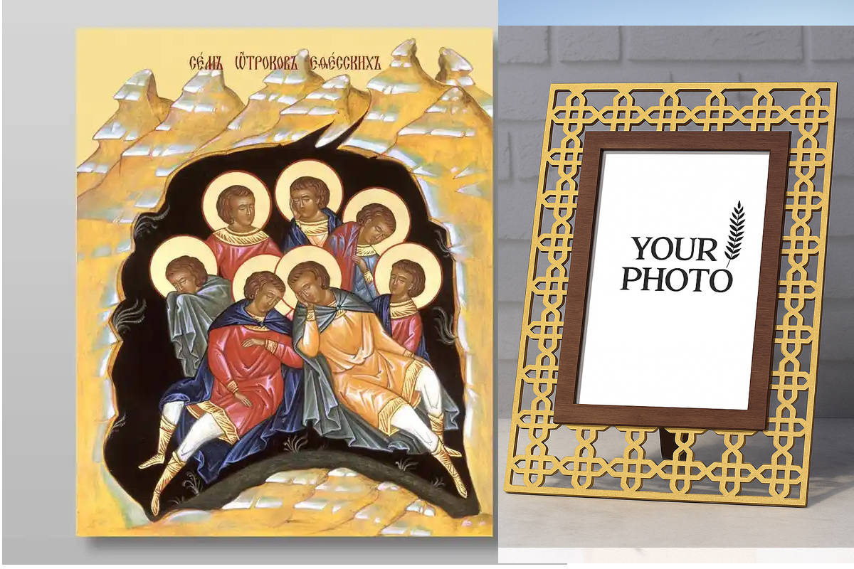 Εικόνα Ορθοδοξίας Πολυτελείας  με  σχεδιο Σταυρούς μαζι με  Βάση σε  8 χρώματα με περίγραμμα χρυσό σε ξύλο Plywood (Πλακάζ)   με  βάση Νέοι της Εφέσου άγιοι, Χειροποίητη Ελληνορθόδοξη , Κρεμαστή πλάκα βυζαντινής τέχνης, χριστιανική τέχνη Διάσταση 10x7 cm