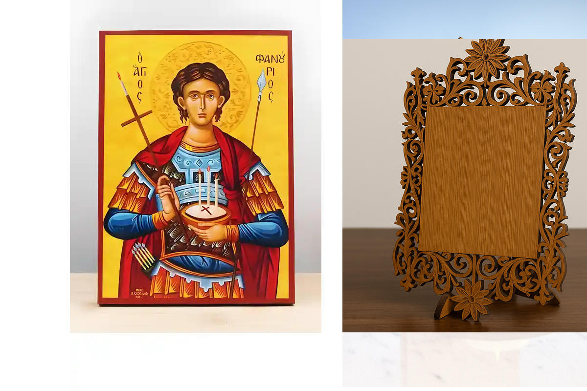 Εικόνα Ορθοδοξίας Δαντέλα μαζι με  Βάση σε  8 χρώματα με περίγραμμα χρυσό σε ξύλο Plywood (Πλακάζ)   με  βάση Ο Άγιος Φανούριος κρατά τη Φανουρόπιτα “Lost and Found Cake”, Ξύλινη Χειροποίητη Εικόνα Ελληνικής Premium Βυζαντινού Στυλ Κρεμασμένη σε ξύλινη πλ