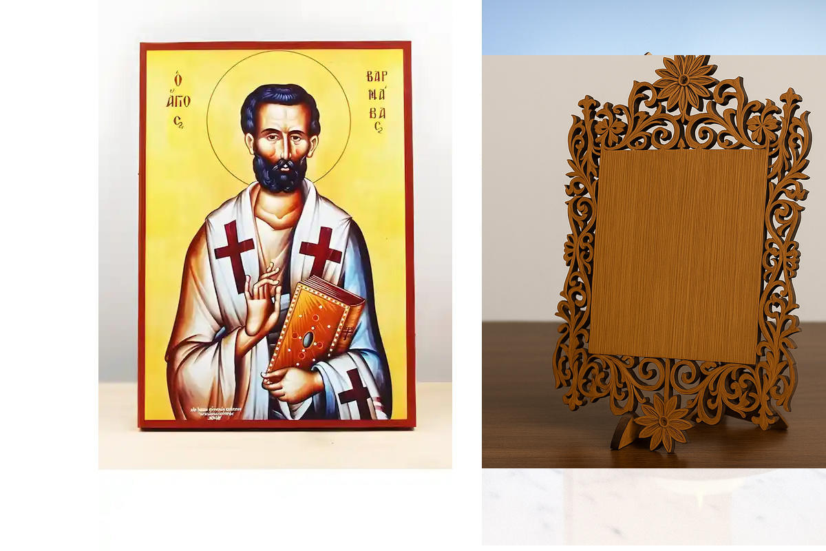 Σετ 2 τεμαχίων – Εικόνα Ορθοδοξίας Δαντέλα μαζι με  Βάση σε  8 χρώματα με περίγραμμα χρυσό σε ξύλο Plywood (Πλακάζ)   με  βάση Άγιος Απόστολος Βαρνάβας, Ξύλινη Χειροποίητη Εικόνα Ελληνικής Premium Βυζαντινού Στυλ Κρεμαστή σε ξύλινη πλάκα Θρησκευτικό θέμα
