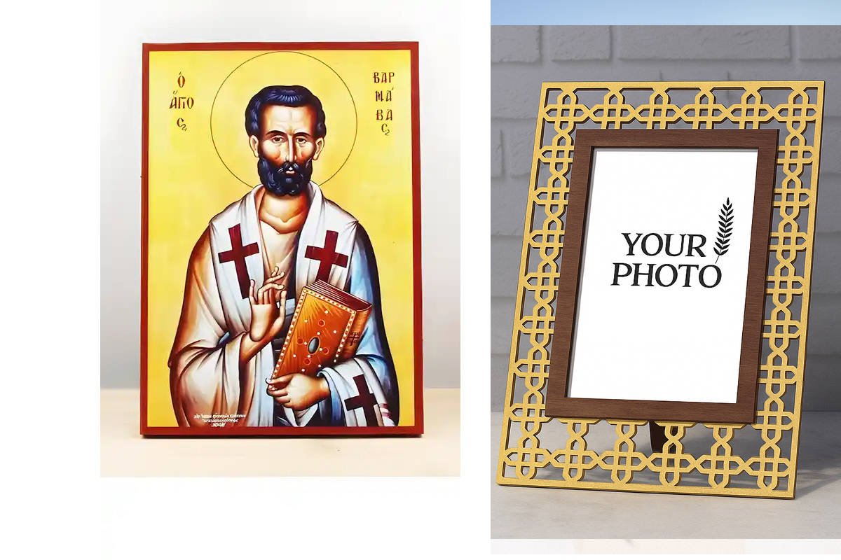 Εικόνα Ορθοδοξίας Πολυτελείας  με  σχεδιο Σταυρούς μαζι με  Βάση σε  8 χρώματα με περίγραμμα χρυσό σε ξύλο Plywood (Πλακάζ)   με  βάση Άγιος Απόστολος Βαρνάβας, Ξύλινη Χειροποίητη Εικόνα Ελληνικής Premium Βυζαντινού Στυλ Κρεμαστή σε ξύλινη πλάκα Θρησκευτι