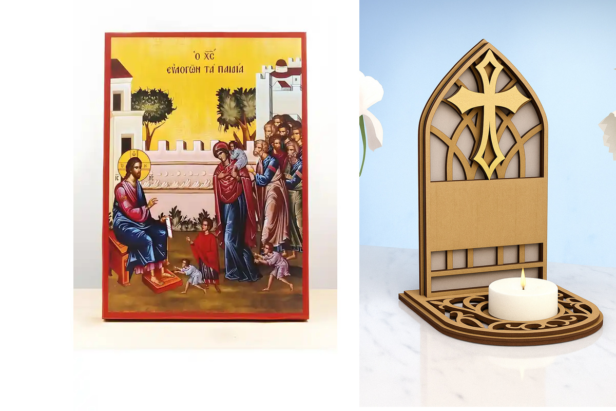 Εικόνα Ορθοδοξίας Καντηλάκι σε  8 χρώματα με περίγραμμα χρυσό σε ξύλο Plywood (Πλακάζ)   με  βάση Ο Ιησούς Χριστός Ευλογεί τα Παιδιά, Ξύλινη Χειροποίητη Εικόνα Ελληνικού Premium Βυζαντινού Στυλ Κρεμασμένο σε ξύλινη πλάκα Ορθόδοξο Θρησκευτικό Θέμα Χειροποί