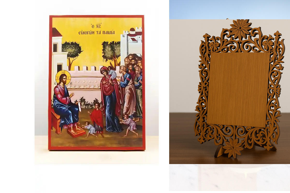 Εικόνα Ορθοδοξίας Δαντέλα μαζι με  Βάση σε  8 χρώματα με περίγραμμα χρυσό σε ξύλο Plywood (Πλακάζ)   με  βάση Ο Ιησούς Χριστός Ευλογεί τα Παιδιά, Ξύλινη Χειροποίητη Εικόνα Ελληνικού Premium Βυζαντινού Στυλ Κρεμασμένο σε ξύλινη πλάκα Ορθόδοξο Θρησκευτικό Θ