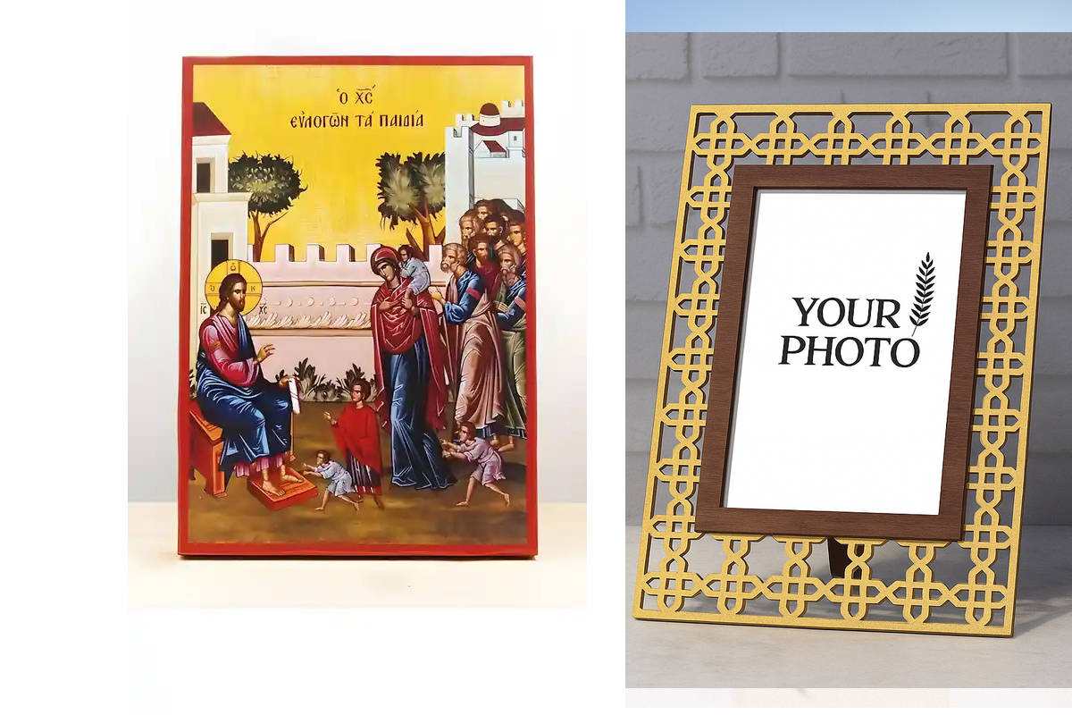 Εικόνα Ορθοδοξίας Πολυτελείας  με  σχεδιο Σταυρούς μαζι με  Βάση σε  8 χρώματα με περίγραμμα χρυσό σε ξύλο Plywood (Πλακάζ)   με  βάση Ο Ιησούς Χριστός Ευλογεί τα Παιδιά, Ξύλινη Χειροποίητη Εικόνα Ελληνικού Premium Βυζαντινού Στυλ Κρεμασμένο σε ξύλινη πλά