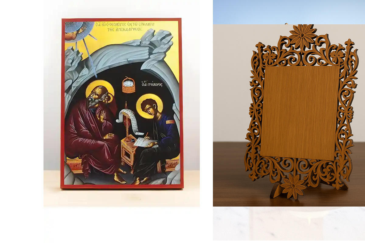 Εικόνα Ορθοδοξίας Δαντέλα μαζι με  Βάση σε  8 χρώματα με περίγραμμα χρυσό σε ξύλο Plywood (Πλακάζ)   με  βάση Ο Άγιος Ιωάννης ο Θεολόγος στο Σπήλαιο της Αποκάλυψης, Ξύλινη Χειροποίητη Εικόνα Ελληνικού Βυζαντινού Στυλ Κρεμασμένη σε ξύλινη πλάκα Χειροποίητη