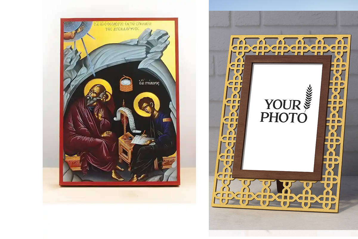 Εικόνα Ορθοδοξίας Πολυτελείας  με  σχεδιο Σταυρούς μαζι με  Βάση σε  8 χρώματα με περίγραμμα χρυσό σε ξύλο Plywood (Πλακάζ)   με  βάση Ο Άγιος Ιωάννης ο Θεολόγος στο Σπήλαιο της Αποκάλυψης, Ξύλινη Χειροποίητη Εικόνα Ελληνικού Βυζαντινού Στυλ Κρεμασμένη σε