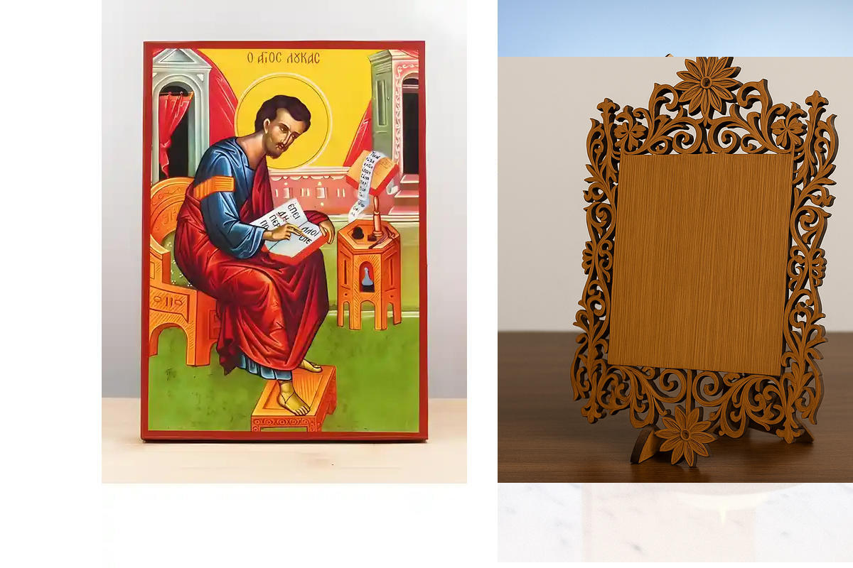 Εικόνα Ορθοδοξίας Δαντέλα μαζι με  Βάση σε  8 χρώματα με περίγραμμα χρυσό σε ξύλο Plywood (Πλακάζ)   με  βάση Χειρόγραφο Άγιος Απόστολος Λουκάς, Ξύλινη Χειροποίητη Εικόνα Ελληνικής Premium Βυζαντινού Στυλ Κρεμαστή σε ξύλινη πλάκα Θρησκευτικό θέμα Χειροποί