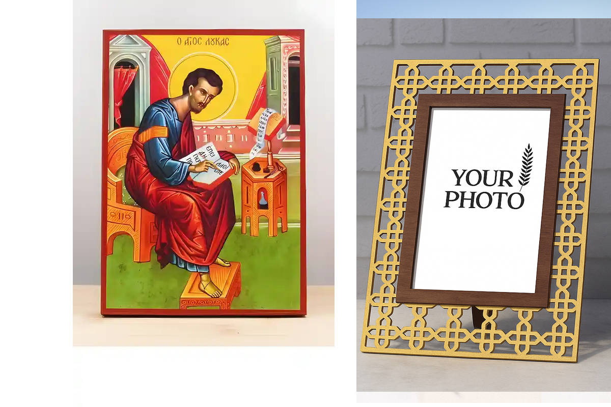 Εικόνα Ορθοδοξίας Πολυτελείας  με  σχεδιο Σταυρούς μαζι με  Βάση σε  8 χρώματα με περίγραμμα χρυσό σε ξύλο Plywood (Πλακάζ)   με  βάση Χειρόγραφο Άγιος Απόστολος Λουκάς, Ξύλινη Χειροποίητη Εικόνα Ελληνικής Premium Βυζαντινού Στυλ Κρεμαστή σε ξύλινη πλάκα