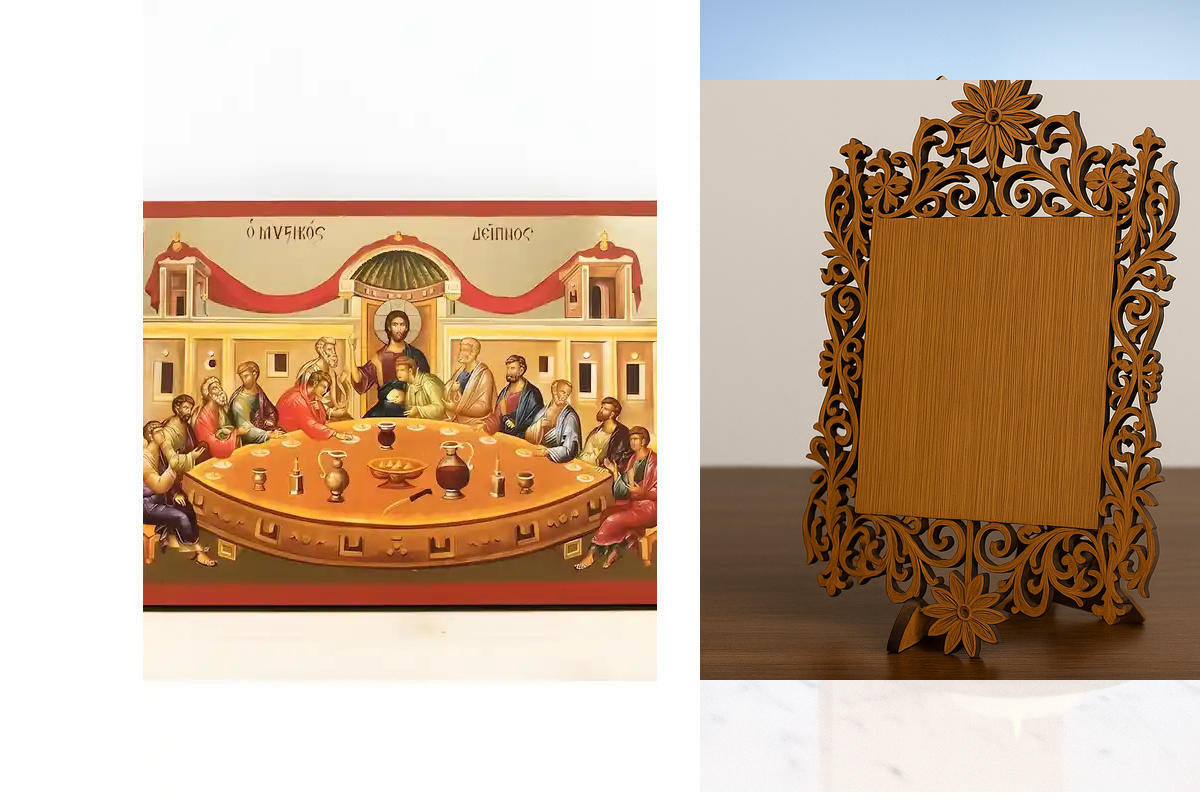 Εικόνα Ορθοδοξίας Δαντέλα μαζι με  Βάση σε  8 χρώματα με περίγραμμα χρυσό σε ξύλο Plywood (Πλακάζ)   με  βάση Ο Μυστικός Δείπνος, Ιησούς Χριστός με Αποστόλους, Ξύλινη Χειροποίητη Εικόνα με Φύλλο Χρυσού Αλουμινίου Κρεμασμένο σε ξύλινη πλάκα Ελληνικού Βυζαν