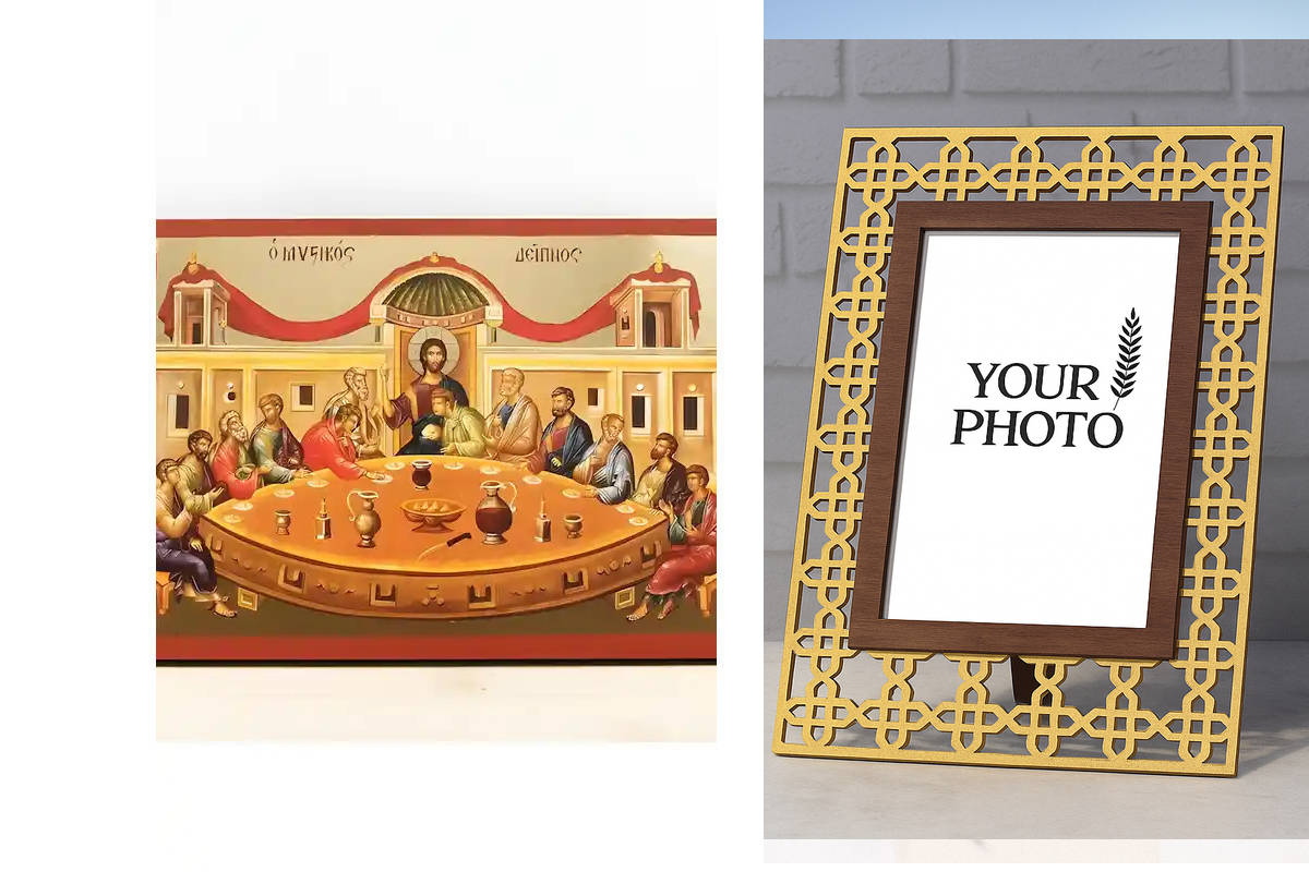 Εικόνα Ορθοδοξίας Πολυτελείας  με  σχεδιο Σταυρούς μαζι με  Βάση σε  8 χρώματα με περίγραμμα χρυσό σε ξύλο Plywood (Πλακάζ)   με  βάση Ο Μυστικός Δείπνος, Ιησούς Χριστός με Αποστόλους, Ξύλινη Χειροποίητη Εικόνα με Φύλλο Χρυσού Αλουμινίου Κρεμασμένο σε ξύλ