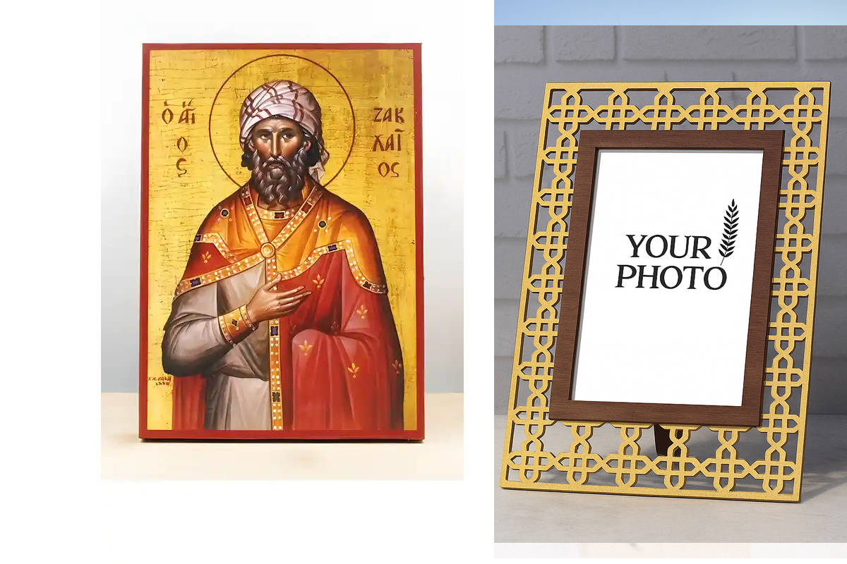 Εικόνα Ορθοδοξίας Πολυτελείας  με  σχεδιο Σταυρούς μαζι με  Βάση σε  8 χρώματα με περίγραμμα χρυσό σε ξύλο Plywood (Πλακάζ)   με  βάση Άγιος Ζακχαίος Ιεροσολύμων, Ξύλινη Χειροποίητη Εικόνα Ελληνικής Κορυφαίας Βυζαντινής Στυλ Κρεμασμένη σε ξύλινη πλάκα Χει