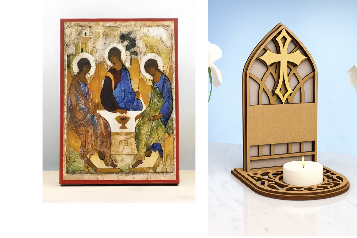 Εικόνα Ορθοδοξίας Καντηλάκι σε  8 χρώματα με περίγραμμα χρυσό σε ξύλο Plywood (Πλακάζ)   με  βάση Αγία Τριάδα Παλαιάς Διαθήκης, Ξύλινη Χειροποίητη Εικόνα Ελληνικού Premium Βυζαντινού Στυλ Κρεμαστή σε ξύλινη πλάκα Θρησκευτικό θέμα Χειροποίητη Ελληνορθόδοξη