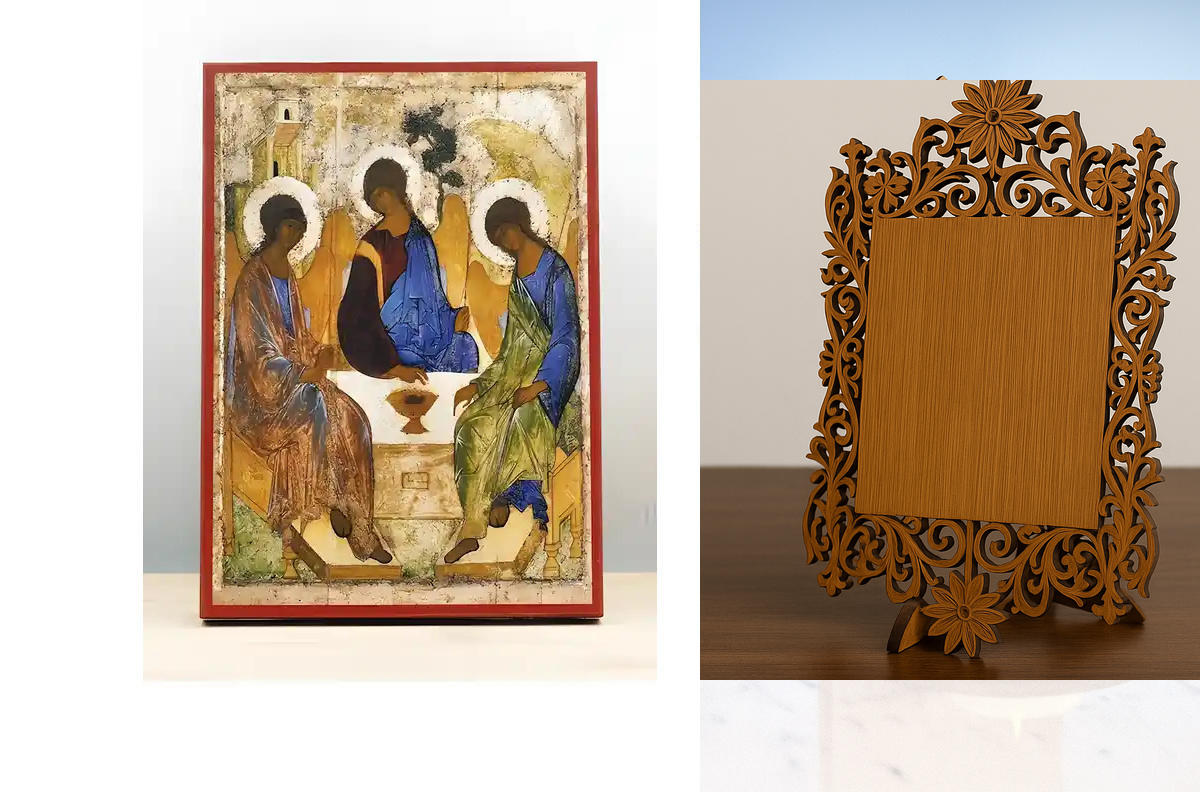 Σετ 2 τεμαχίων – Εικόνα Ορθοδοξίας Δαντέλα μαζι με  Βάση σε  8 χρώματα με περίγραμμα χρυσό σε ξύλο Plywood (Πλακάζ)   με  βάση Αγία Τριάδα Παλαιάς Διαθήκης, Ξύλινη Χειροποίητη Εικόνα Ελληνικού Premium Βυζαντινού Στυλ Κρεμαστή σε ξύλινη πλάκα Θρησκευτικό θ