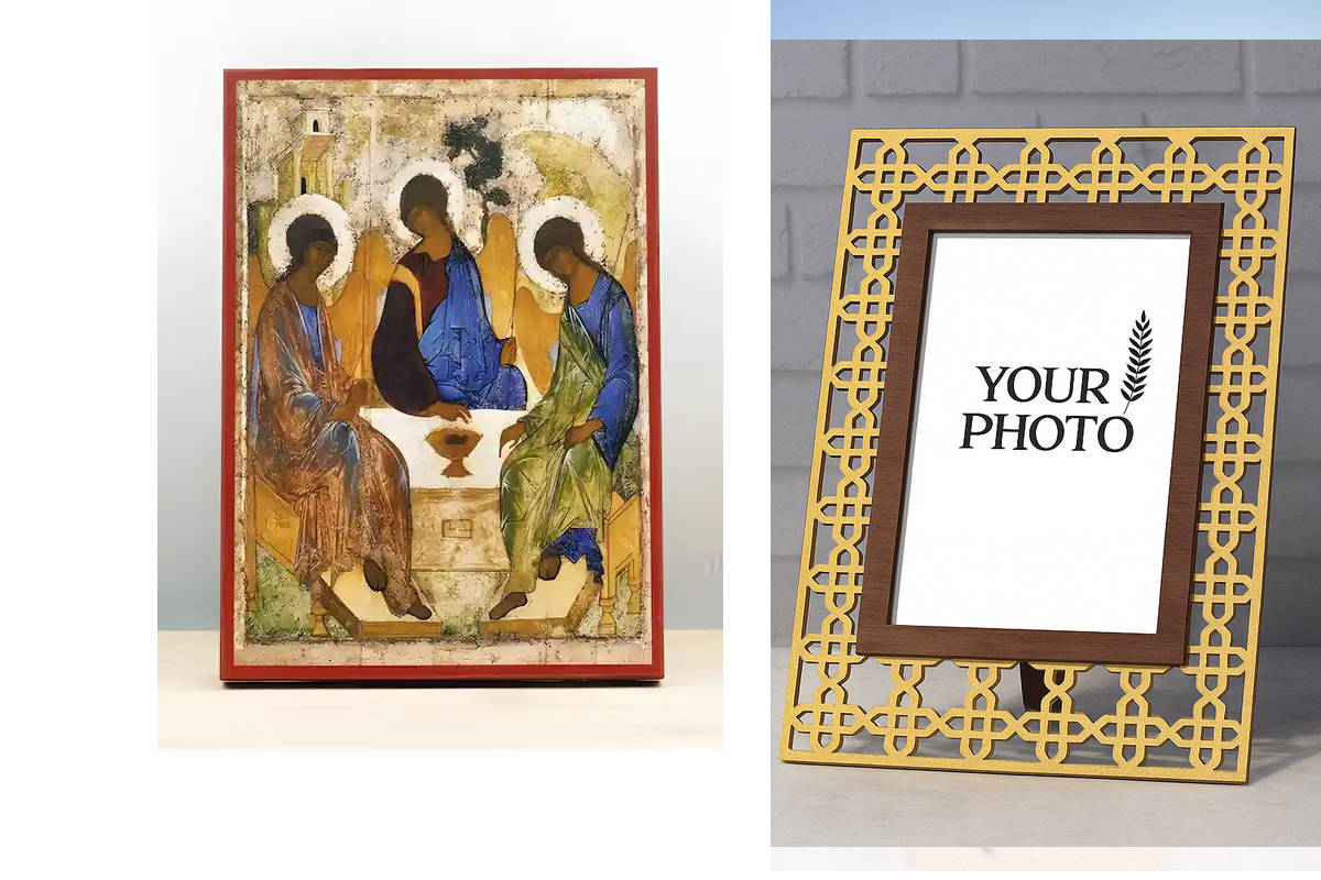 Εικόνα Ορθοδοξίας Πολυτελείας  με  σχεδιο Σταυρούς μαζι με  Βάση σε  8 χρώματα με περίγραμμα χρυσό σε ξύλο Plywood (Πλακάζ)   με  βάση Αγία Τριάδα Παλαιάς Διαθήκης, Ξύλινη Χειροποίητη Εικόνα Ελληνικού Premium Βυζαντινού Στυλ Κρεμαστή σε ξύλινη πλάκα Θρησκ