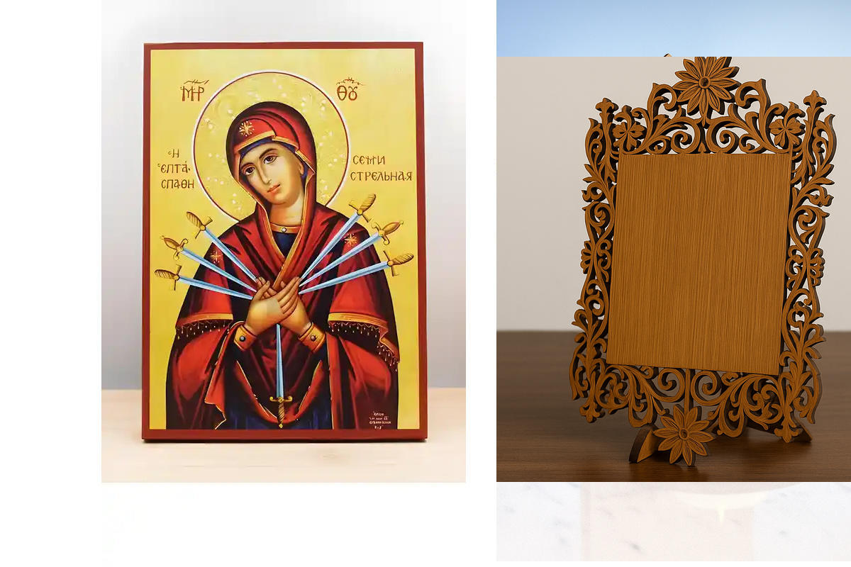 Εικόνα Ορθοδοξίας Δαντέλα μαζι με  Βάση σε  8 χρώματα με περίγραμμα χρυσό σε ξύλο Plywood (Πλακάζ)   με  βάση Παναγία των Θλίψεων «Μαλακτικόν Καρδιών», Ξύλινη Χειροποίητη Εικόνα Ελληνικής Premium Βυζαντινού Στυλ τοίχου Κρεμασμένη σε Ξύλινη Πλάκα Θρησκευτι