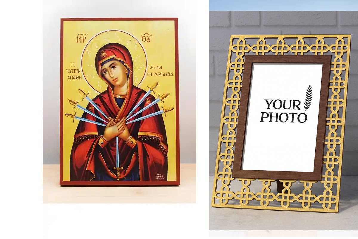 Σετ 2 τεμαχίων – Εικόνα Ορθοδοξίας Πολυτελείας  με  σχεδιο Σταυρούς μαζι με  Βάση σε  8 χρώματα με περίγραμμα χρυσό σε ξύλο Plywood (Πλακάζ)   με  βάση Παναγία των Θλίψεων «Μαλακτικόν Καρδιών», Ξύλινη Χειροποίητη Εικόνα Ελληνικής Premium Βυζαντινού Στυλ τ