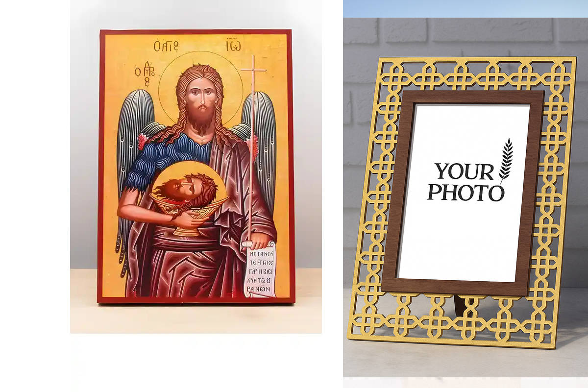 Εικόνα Ορθοδοξίας Πολυτελείας  με  σχεδιο Σταυρούς μαζι με  Βάση σε  8 χρώματα με περίγραμμα χρυσό σε ξύλο Plywood (Πλακάζ)   με  βάση Άγιος Ιωάννης ο Βαπτιστής "ο Πρόδρομος", Ξύλινη Χειροποίητη Εικόνα Ελληνικού Βυζαντινού Στυλ Κρεμαστή σε Ξύλινη Πλάκα Θρ