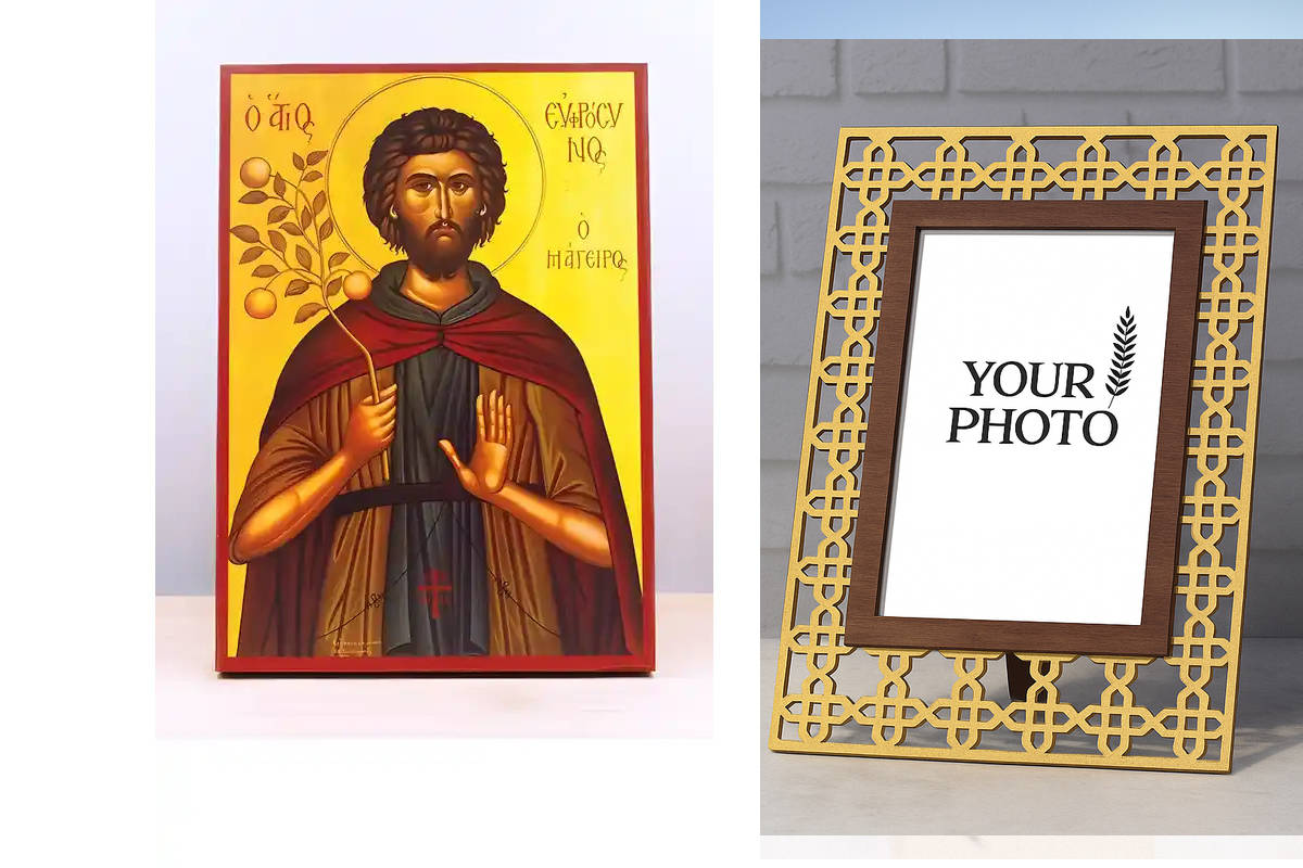 Εικόνα Ορθοδοξίας Πολυτελείας  με  σχεδιο Σταυρούς μαζι με  Βάση σε  8 χρώματα με περίγραμμα χρυσό σε ξύλο Plywood (Πλακάζ)   με  βάση Άγιος Ευφρόσυνος ο Μάγειρας της Αλεξάνδρειας, Ξύλινη Χειροποίητη Εικόνα Ελληνικού Βυζαντινού Στυλ Κρεμασμένη σε ξύλινη π