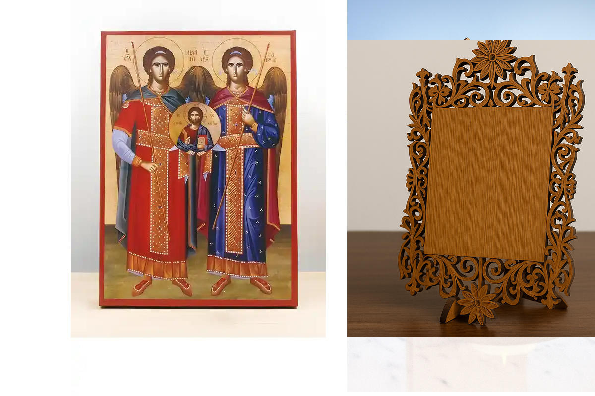 Εικόνα Ορθοδοξίας Δαντέλα μαζι με  Βάση σε  8 χρώματα με περίγραμμα χρυσό σε ξύλο Plywood (Πλακάζ)   με  βάση Οι Αρχάγγελοι Μιχαήλ και Γαβριήλ «Ταξιάρξης» με τον Ιησού Χριστό, Ξύλινη Χειροποίητη Εικόνα Ελληνικού Βυζαντινού Στυλ Κρεμαστή σε Ξυλόπλακα Χειρο
