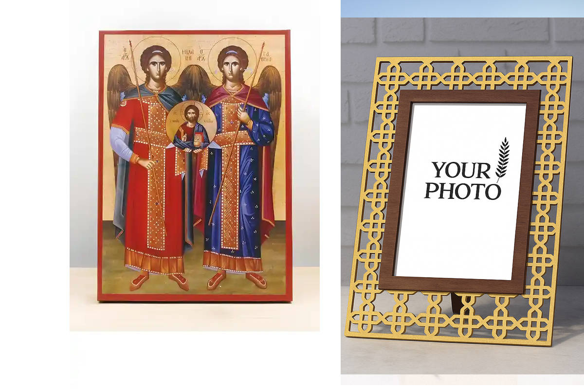 Εικόνα Ορθοδοξίας Πολυτελείας  με  σχεδιο Σταυρούς μαζι με  Βάση σε  8 χρώματα με περίγραμμα χρυσό σε ξύλο Plywood (Πλακάζ)   με  βάση Οι Αρχάγγελοι Μιχαήλ και Γαβριήλ «Ταξιάρξης» με τον Ιησού Χριστό, Ξύλινη Χειροποίητη Εικόνα Ελληνικού Βυζαντινού Στυλ Κρ