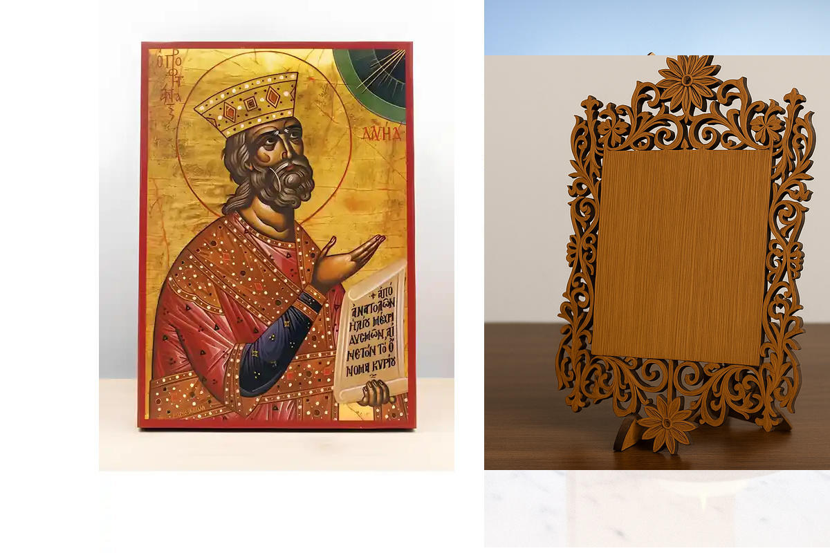 Σετ 2 τεμαχίων – Εικόνα Ορθοδοξίας Δαντέλα μαζι με  Βάση σε  8 χρώματα με περίγραμμα χρυσό σε ξύλο Plywood (Πλακάζ)   με  βάση Άγιος Προφήτης Δαυίδ, Ξύλινη Χειροποίητη Εικόνα Ελληνικού Premium Βυζαντινού Στυλ Κρεμαστή σε ξύλινη πλάκα Θρησκευτικό θέμα Χειρ