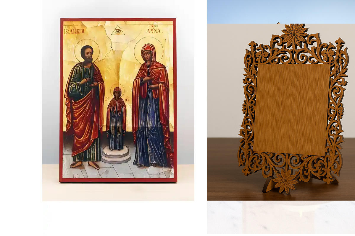 Εικόνα Ορθοδοξίας Δαντέλα μαζι με  Βάση σε  8 χρώματα με περίγραμμα χρυσό σε ξύλο Plywood (Πλακάζ)   με  βάση Οι Άγιοι Ιωακείμ και Άννα με την κόρη τους την Παναγία, Ξύλινη Χειροποίητη Εικόνα Ελληνικής Βυζαντινής Στυλ Κρεμαστή σε Τοίχο Ηλικιωμένο Χειροποί