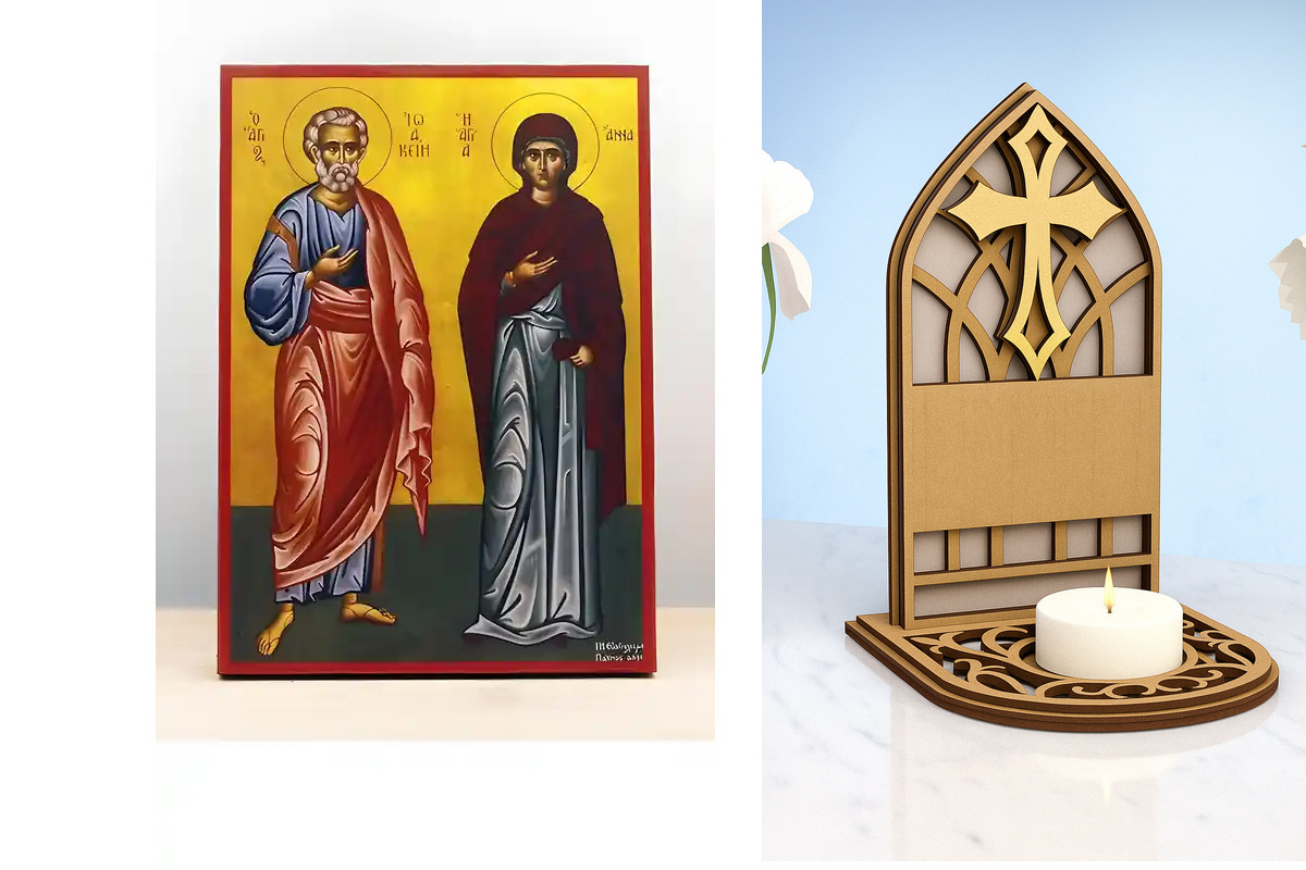 Εικόνα Ορθοδοξίας Καντηλάκι σε  8 χρώματα με περίγραμμα χρυσό σε ξύλο Plywood (Πλακάζ)   με  βάση Άγιοι Ιωακείμ και Άννα, Ξύλινη Χειροποίητη Εικόνα Ελληνικής Premium Βυζαντινού Στυλ Κρεμασμένη σε ξύλινη πλάκα Χειροποίητη Ελληνορθόδοξη εικόνα του Ιησού Χρι