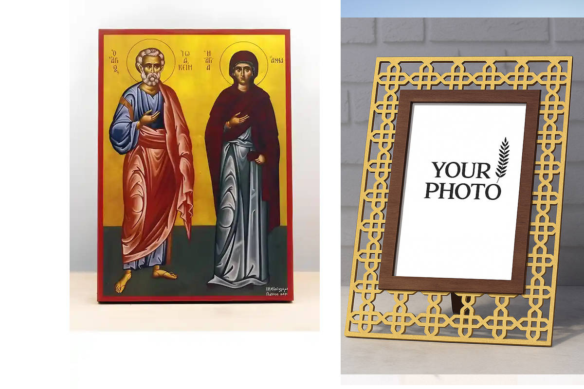 Εικόνα Ορθοδοξίας Πολυτελείας  με  σχεδιο Σταυρούς μαζι με  Βάση σε  8 χρώματα με περίγραμμα χρυσό σε ξύλο Plywood (Πλακάζ)   με  βάση Άγιοι Ιωακείμ και Άννα, Ξύλινη Χειροποίητη Εικόνα Ελληνικής Premium Βυζαντινού Στυλ Κρεμασμένη σε ξύλινη πλάκα Χειροποίη