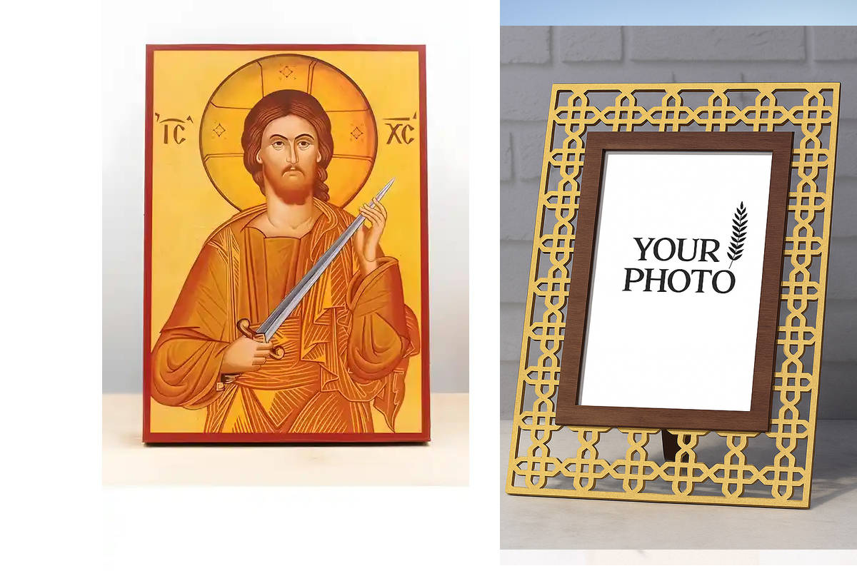 Εικόνα Ορθοδοξίας Πολυτελείας  με  σχεδιο Σταυρούς μαζι με  Βάση σε  8 χρώματα με περίγραμμα χρυσό σε ξύλο Plywood (Πλακάζ)   με  βάση Ο Ιησούς Χριστός κρατά ένα πνευματικό ξίφος "Κόβει" αμαρτίες, Ξύλινη χειροποίητη εικόνα Ελληνικού βυζαντινού στυλ τοίχου